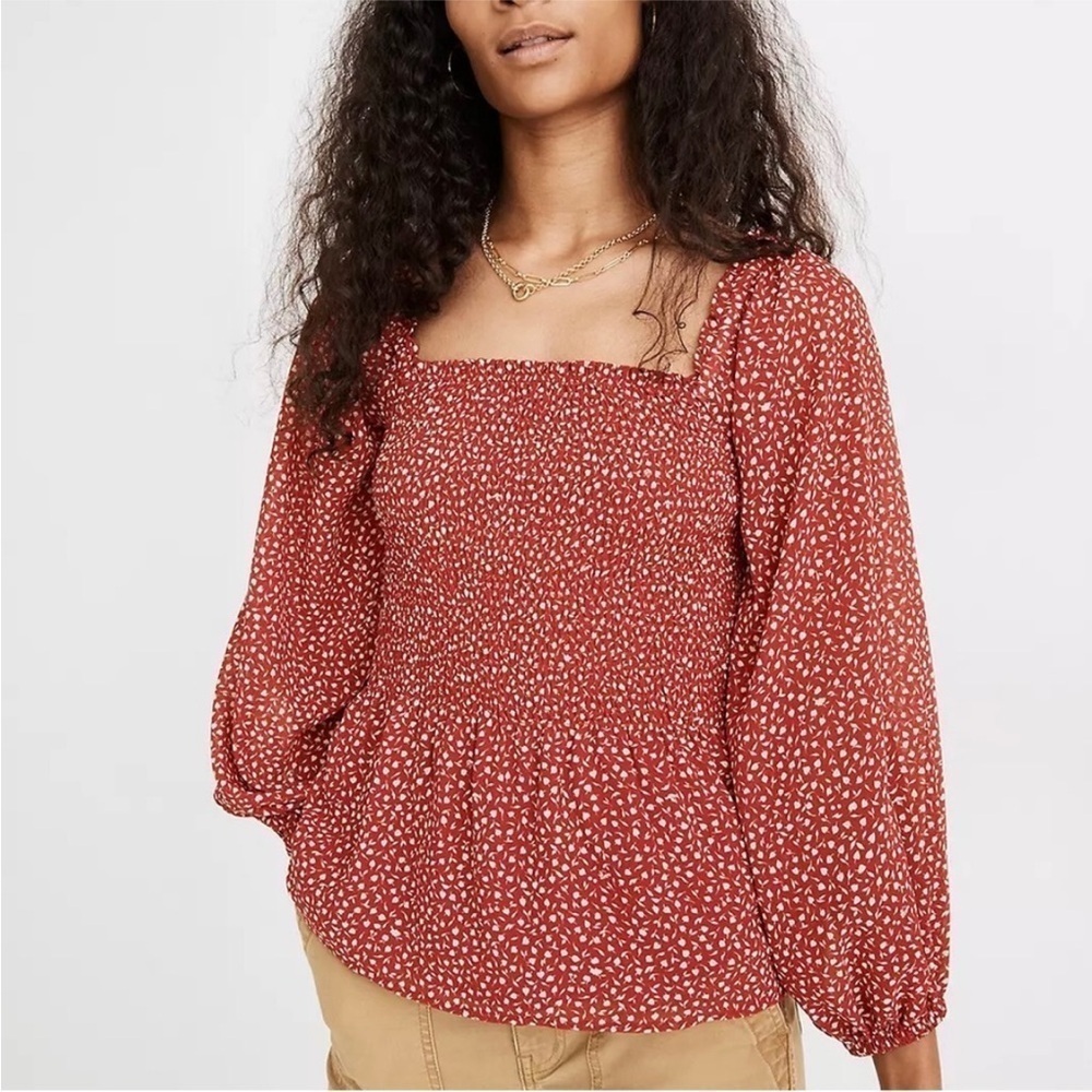 Madewell Georgette Lucie Smocked Peplum Top in Batik Vine size 6 E8
